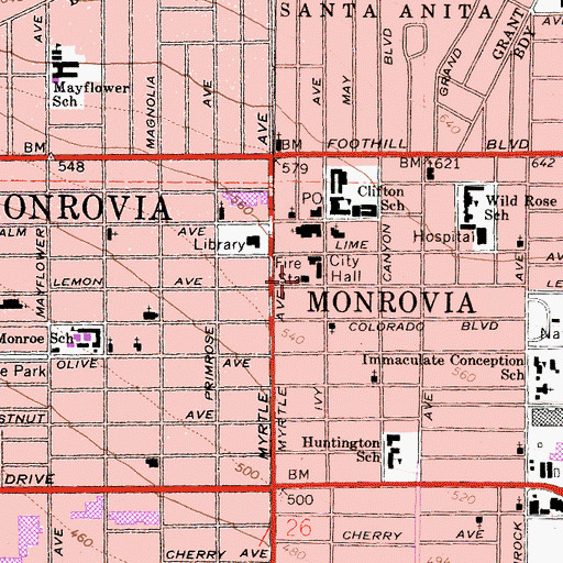 Topographic Map of City of Monrovia Fire Department Station 101 Headquarters, CA