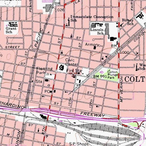 Topographic Map of Colton Fire Department Station 1, CA