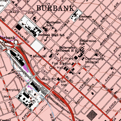 Topographic Map of City of Burbank Fire Department Station 11 Headquarters, CA