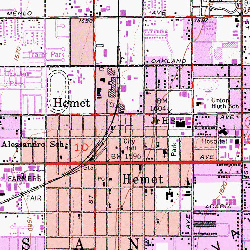 Topographic Map of Hemet Fire Department Station 1, CA