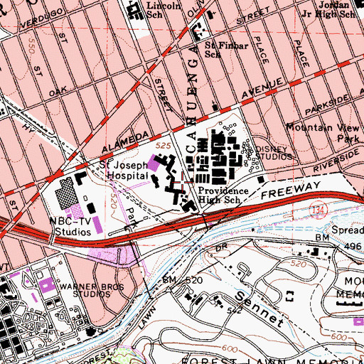 Topographic Map of Walt Disney Studios Fire Department, CA