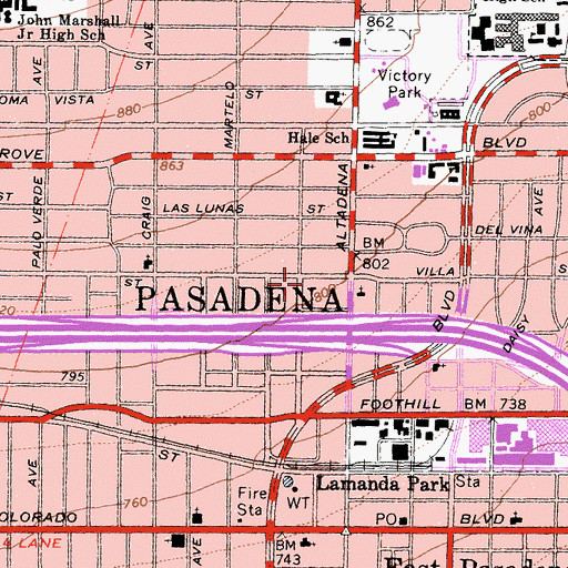 Topographic Map of Pasadena Fire Department Station 32, CA