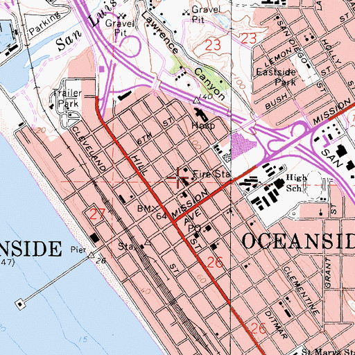 Topographic Map of Oceanside Fire Department Station 1, CA
