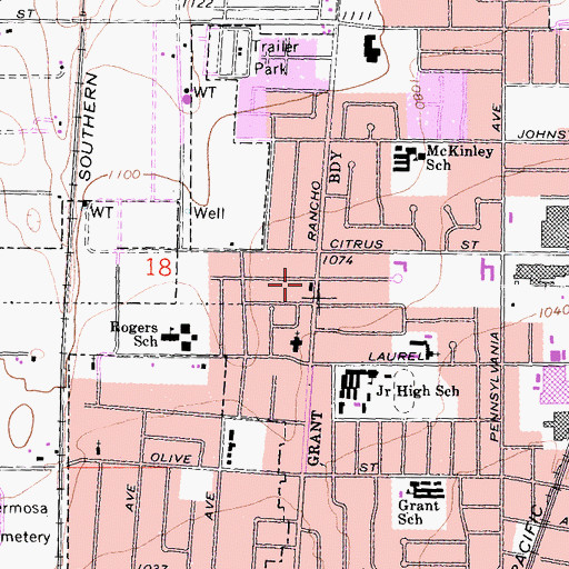 Topographic Map of Colton Fire Department Station 2, CA