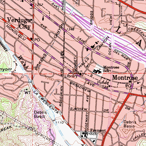 Topographic Map of Glendale Fire Department Station 29, CA