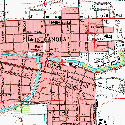 Topographic Map of Indianola Fire Department Station 1, MS