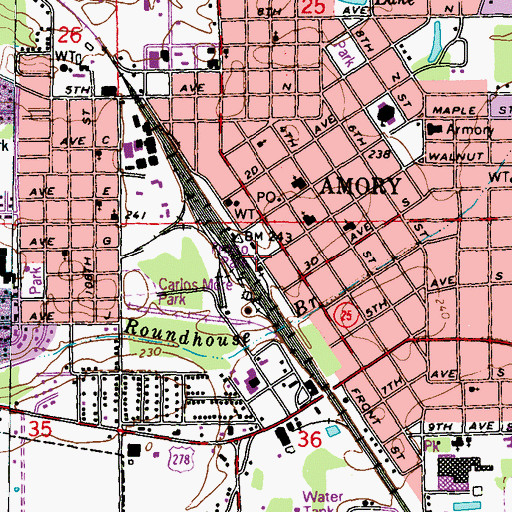 Topographic Map of Amory Fire and Rescue Department Station 1, MS