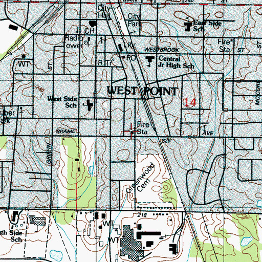 Topographic Map of West Point Fire Department Station 1 Main Station, MS