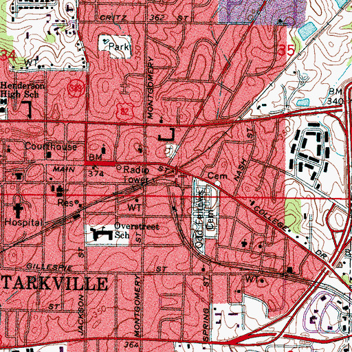 Topographic Map of Starkville Fire Department Station 1, MS