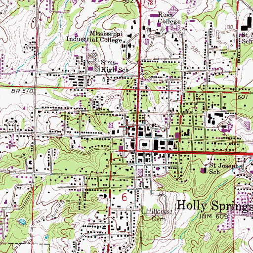 Topographic Map of Holly Springs Fire Department, MS