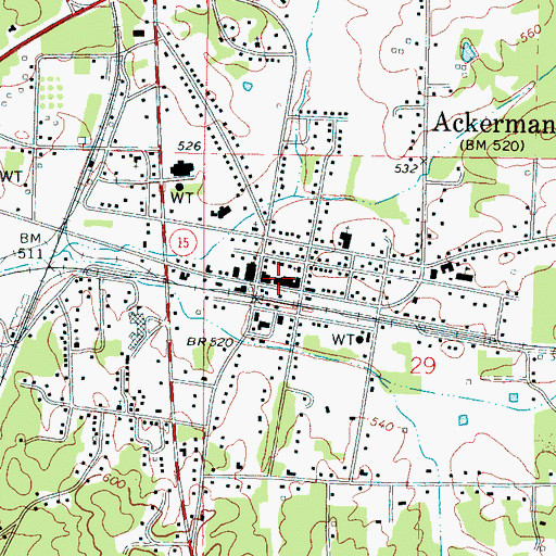 Topographic Map of Ackerman Volunteer Fire Department, MS