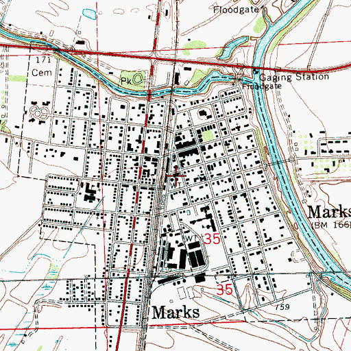 Topographic Map of Marks Fire Department Station 1 Headquarters, MS