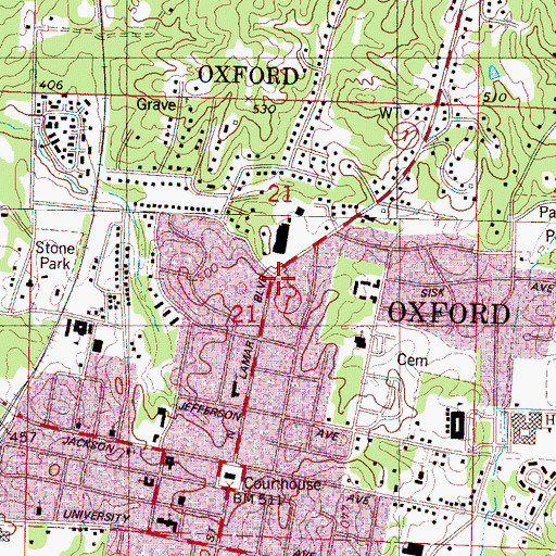 Topographic Map of Oxford Fire Department Station 1 Headquarters, MS