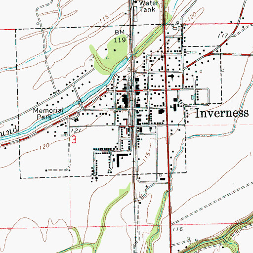 Topographic Map of Inverness Fire and Water Department, MS