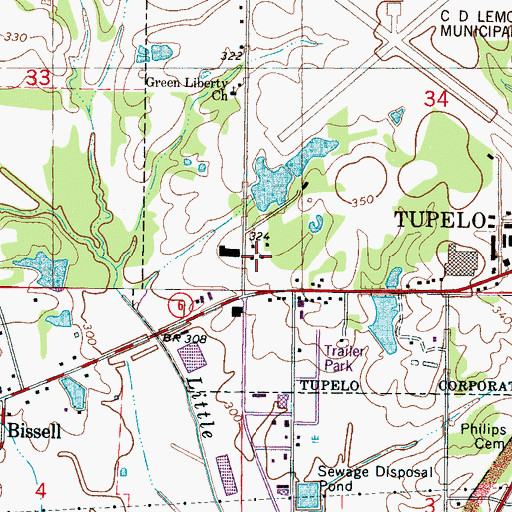 Topographic Map of Tupelo Fire Department Station 6, MS