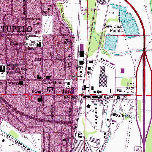 Topographic Map of Tupelo Fire Department Station 1 Headquarters, MS