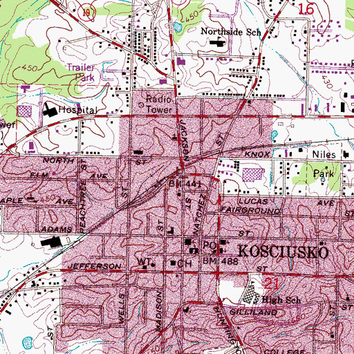 Topographic Map of Kosciusko Fire Department, MS