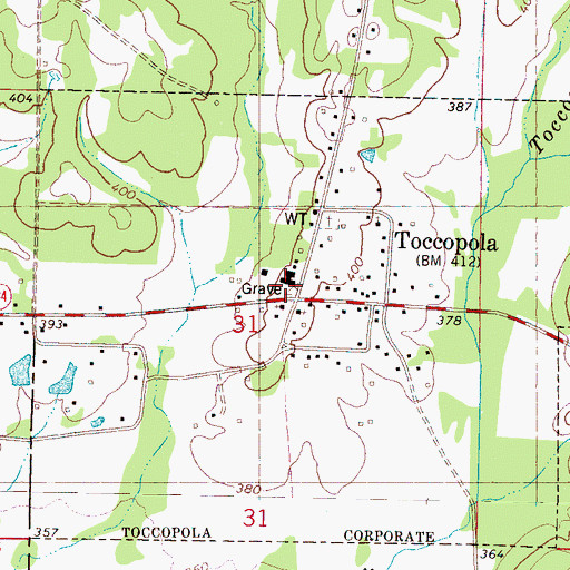 Topographic Map of Toccopola Volunteer Fire Department, MS