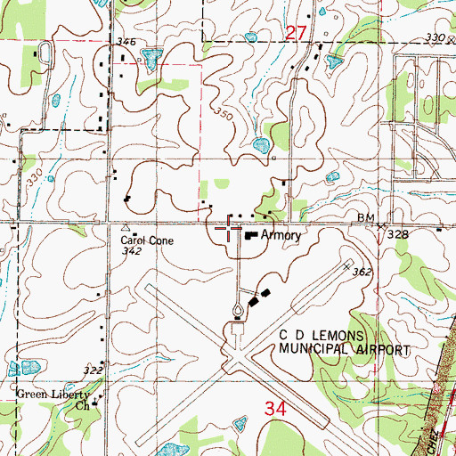 Topographic Map of Tupelo Municipal Airport Fire Department, MS