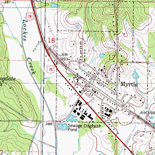 Topographic Map of Myrtle Volunteer Fire Department, MS