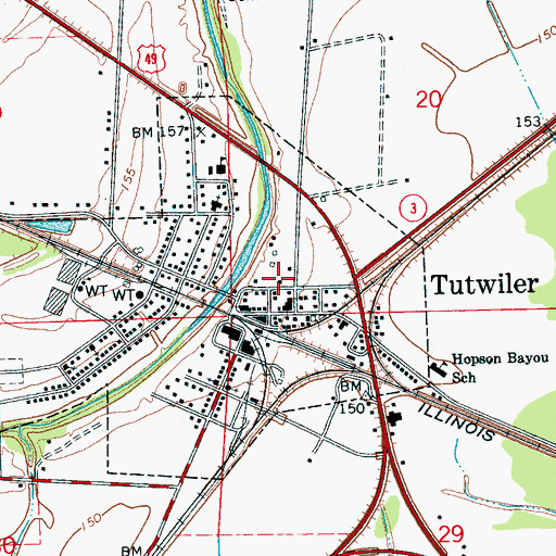 Topographic Map of Tutwiler Volunteer Fire Department, MS