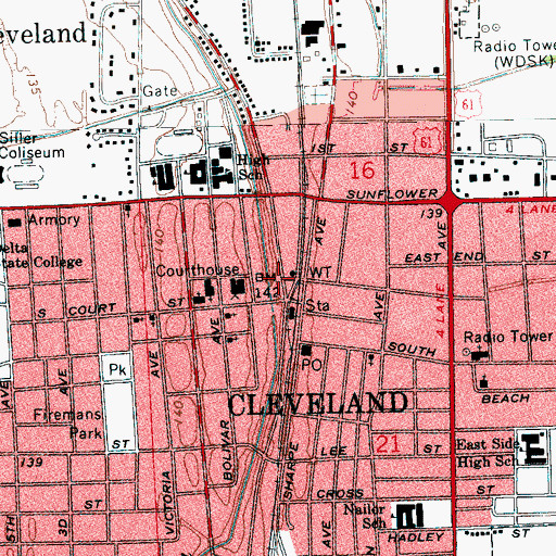 Topographic Map of Cleveland Volunteer Fire Department Station 1, MS