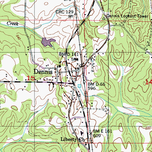 Topographic Map of Dennis Volunteer Fire Department, MS