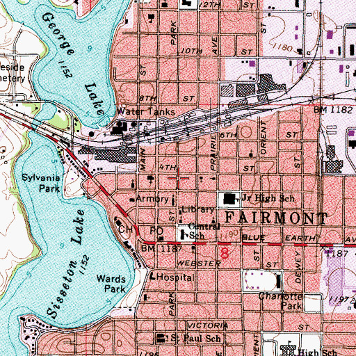 Topographic Map of Fairmont Fire Department, MN