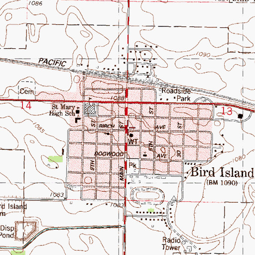 Topographic Map of Bird Island Fire Department, MN