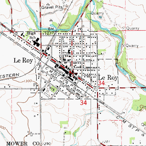 Topographic Map of LeRoy Volunteer Fire Department, MN