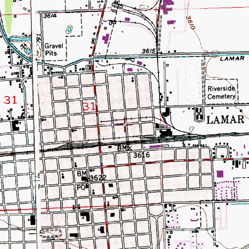 Topographic Map of Lamar Fire Department Station 2 / Prowers County Rural Fire Department, CO