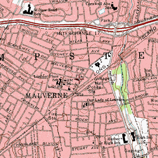 Topographic Map of Malverne Jewish Center, NY