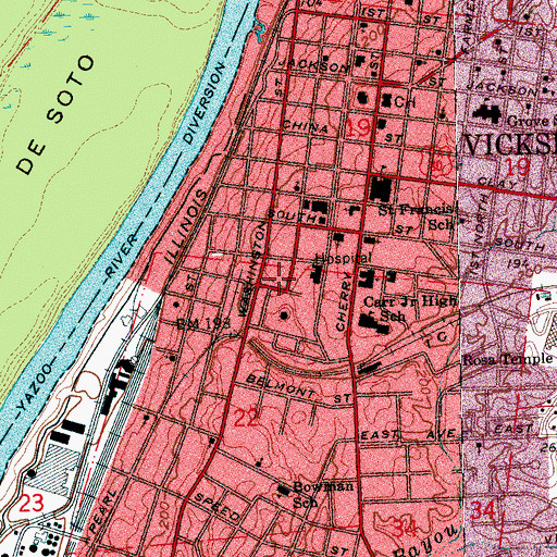 Topographic Map of Vicksburg Fire Department Central Station, MS