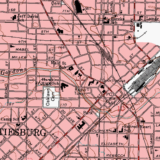 Topographic Map of Hattiesburg Fire Department Station 1, MS