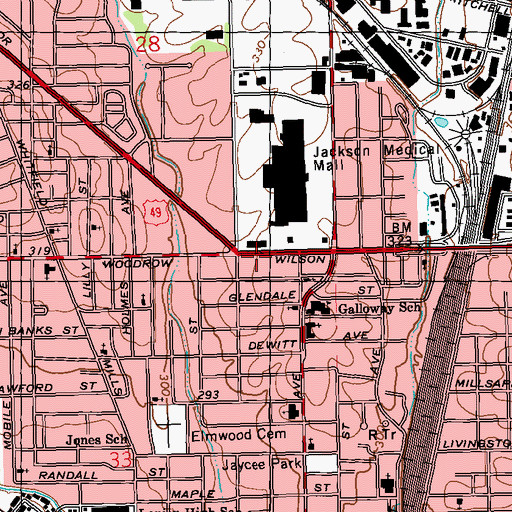 Topographic Map of Jackson Fire Department District 1 Station 10, MS
