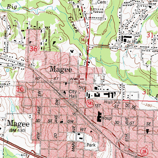 Topographic Map of Magee Volunteer Fire Department, MS