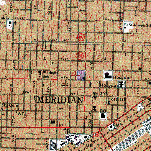 Topographic Map of Meridian Fire Department Station 1 Headquarters, MS