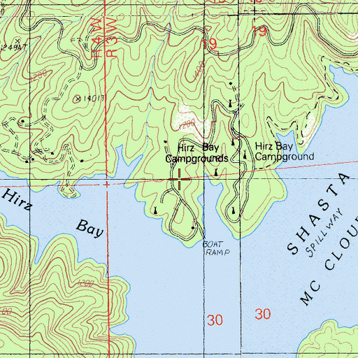 Topographic Map of Hirz Bay Campgrounds, CA