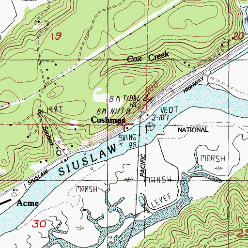 Topographic Map of Cushman RV Park and Marina Boat Ramp, OR