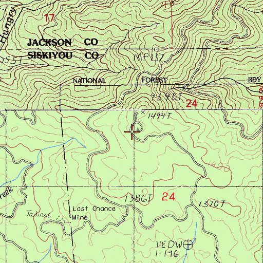 Topographic Map of Hungry Creek Lookout, CA