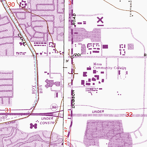 Topographic Map of Mesa Community College Southern and Dobson Campus - Library and High Technology Center, AZ