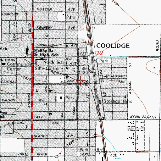 Topographic Map of Coolidge City Hall, AZ