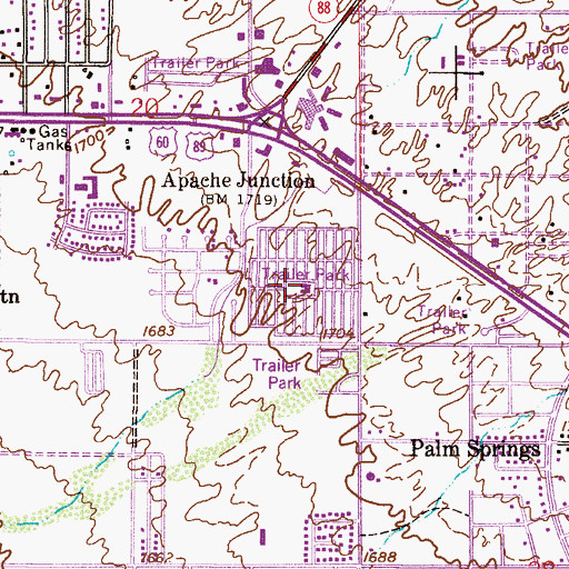Topographic Map of Rock Shadows Recreational Vehicle Resort, AZ