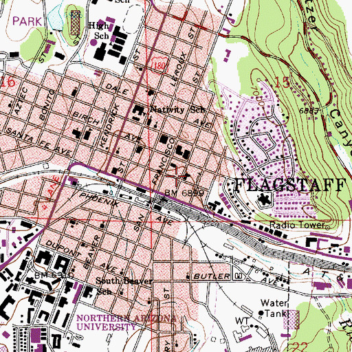 Topographic Map of Downtown Flagstaff Post Office, AZ