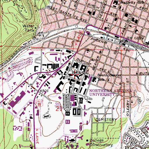 Topographic Map of Northern Arizona University Flagstaff Campus Bury Hall, AZ