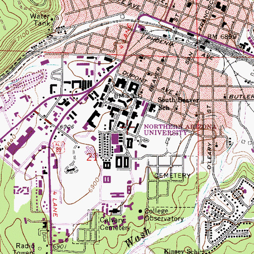 Topographic Map of Northern Arizona University Flagstaff Campus Peterson Hall, AZ