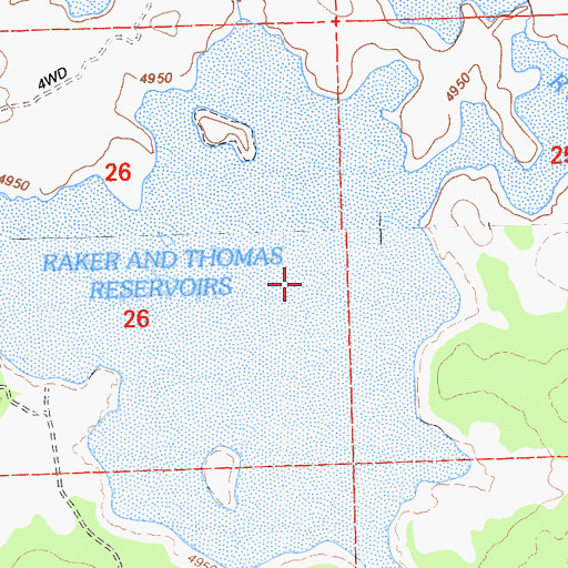 Topographic Map of Raker and Thomas Reservoirs, CA