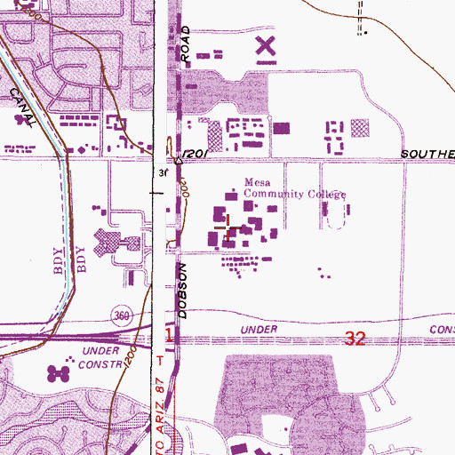 Topographic Map of Mesa Community College Southern and Dobson Campus Kirk Student Center, AZ