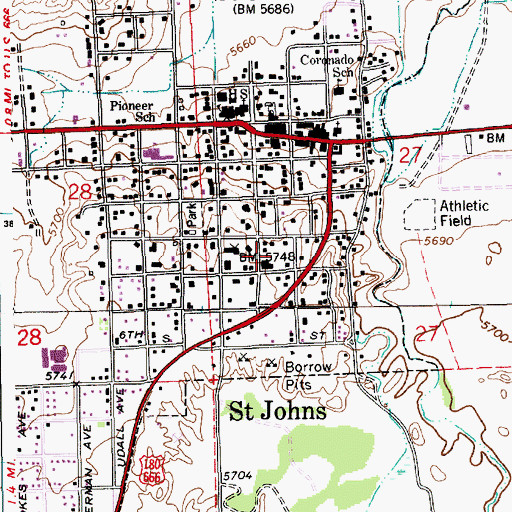 Topographic Map of Saint Johns Fire Department, AZ