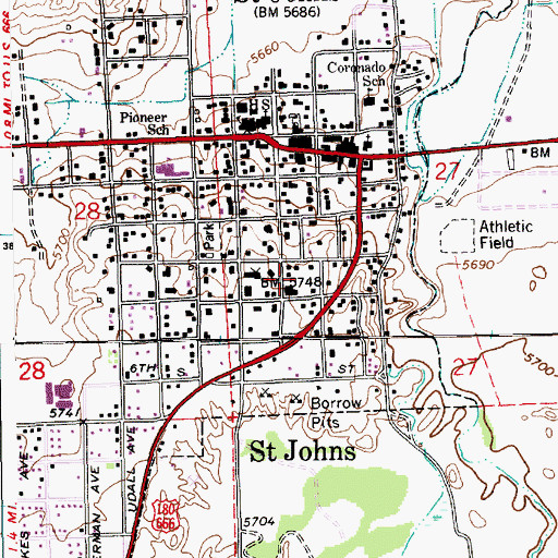 Topographic Map of Saint Johns Emergency Medical Services, AZ